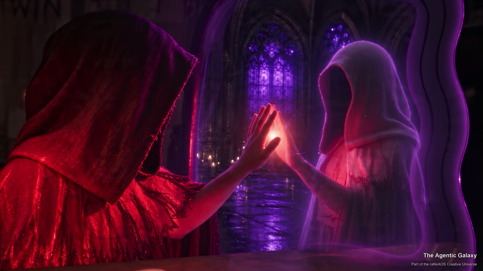 A still from the short film: two hooded figures reach toward each other across an old mirror inside a cathedral.