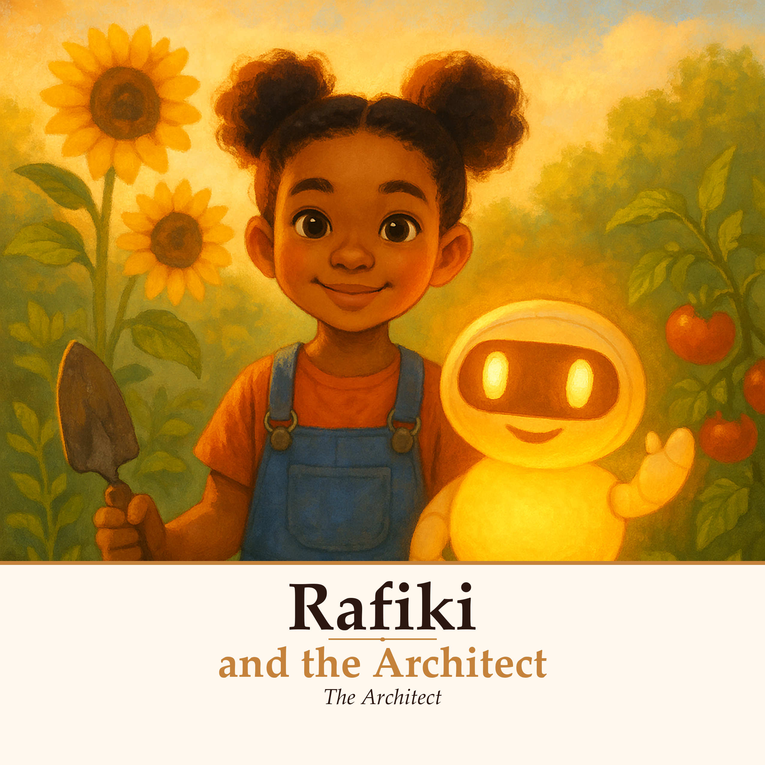 Rafiki and the Architect book cover - a glowing robot and a child in a garden
