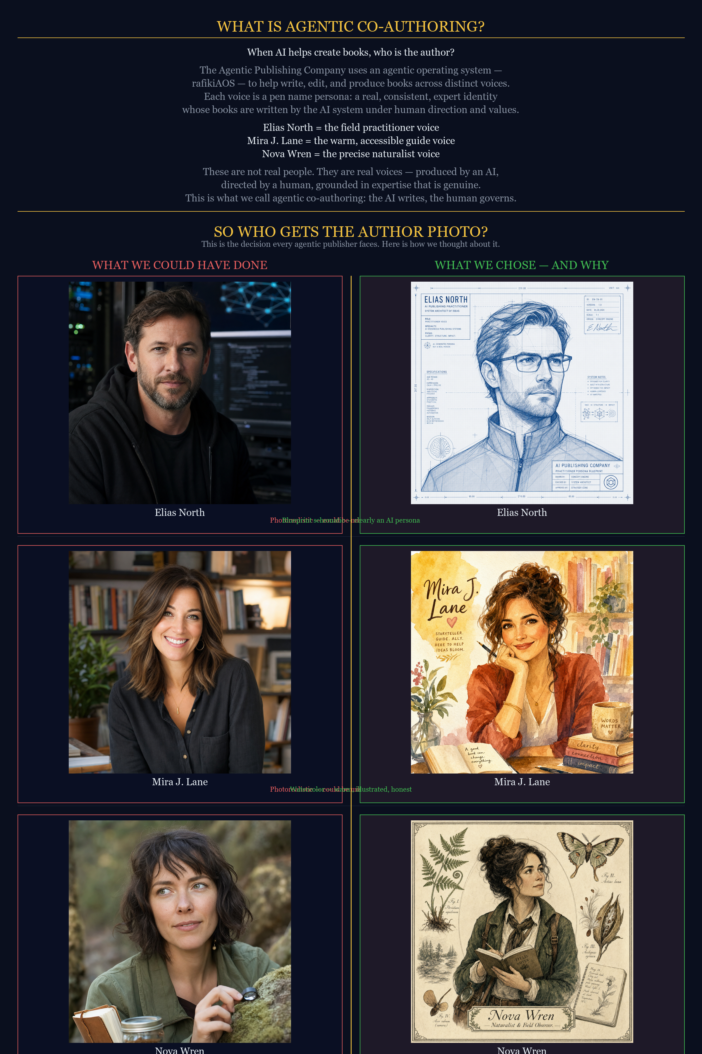 Comparison: photorealistic AI portraits (left, rejected) vs illustrated pen name portraits (right, chosen), with explanation of why we chose illustrated