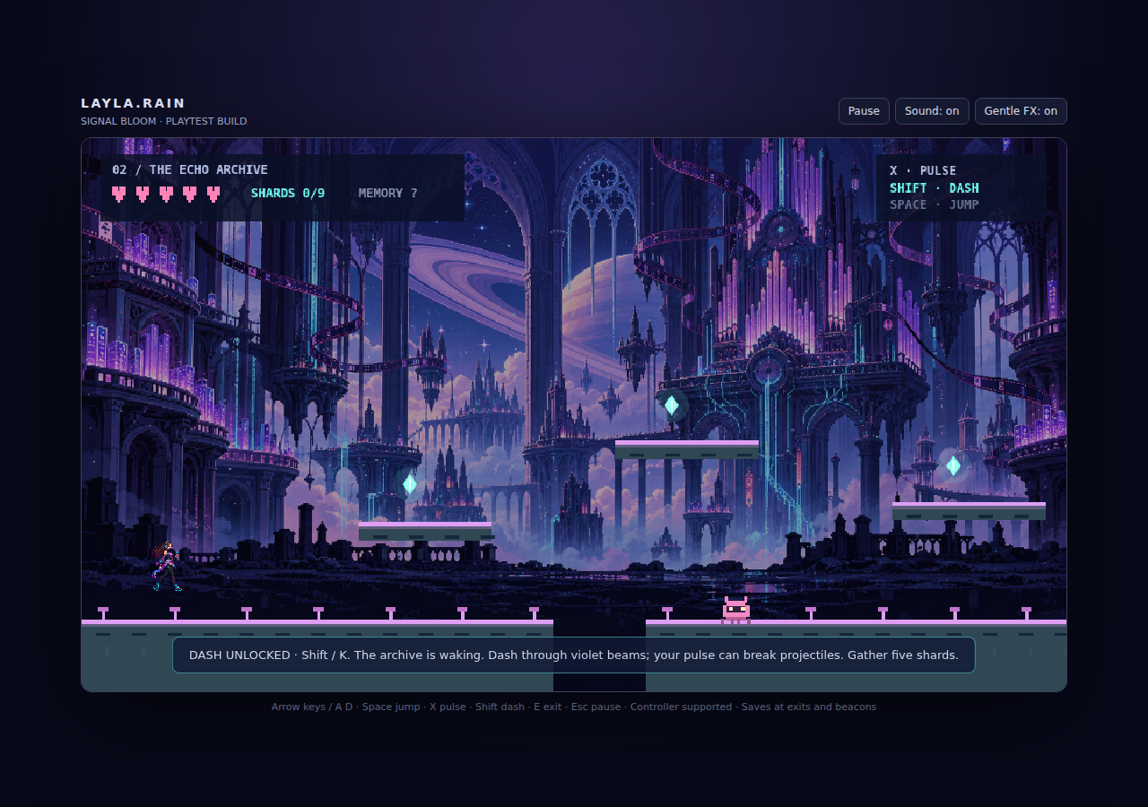Echo Archive gameplay capture from the Signal Bloom playtest candidate
