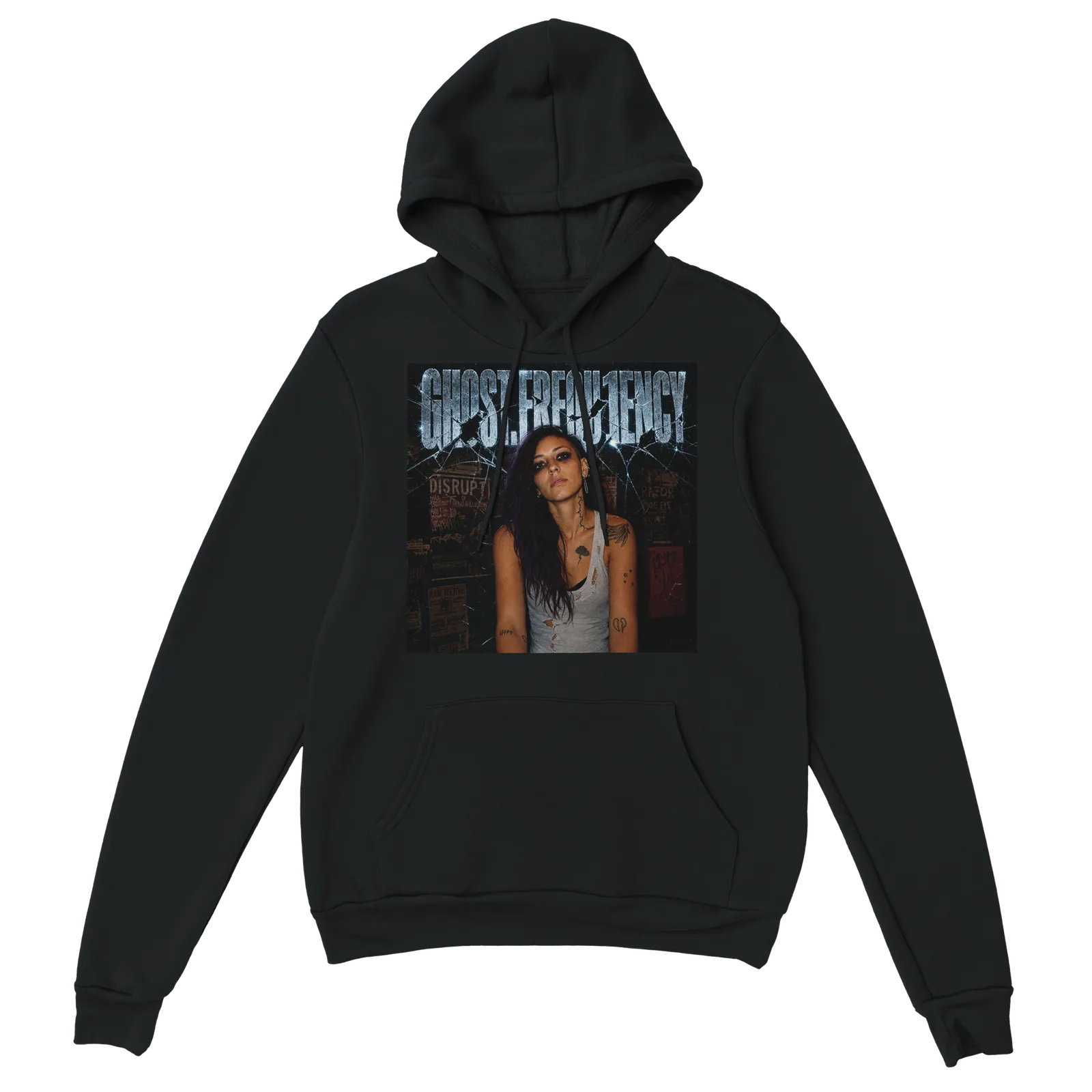 Black GHOST.FREQU1ENCY pullover hoodie with the album artwork