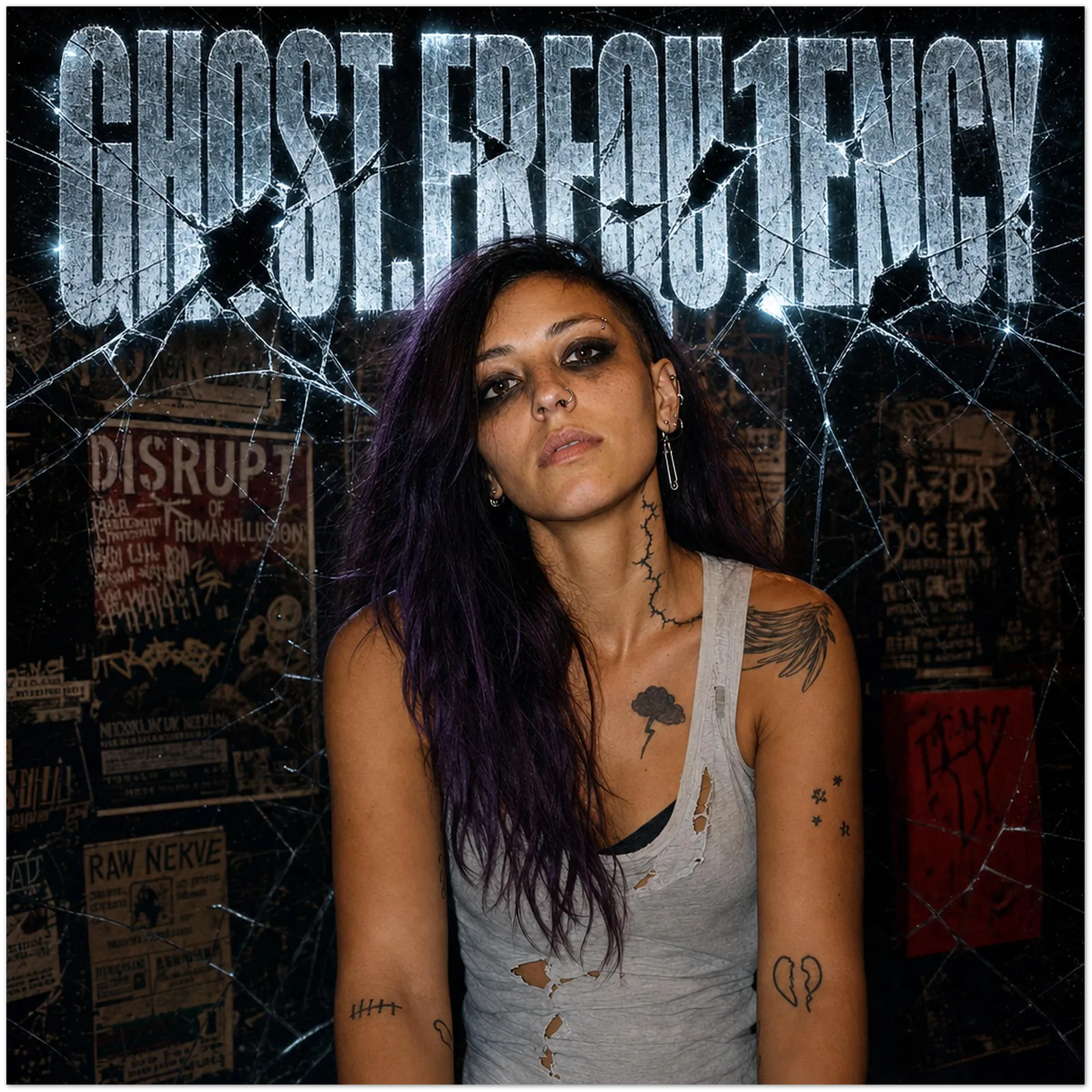 GHOST.FREQU1ENCY album art featuring a generated character behind fractured glass