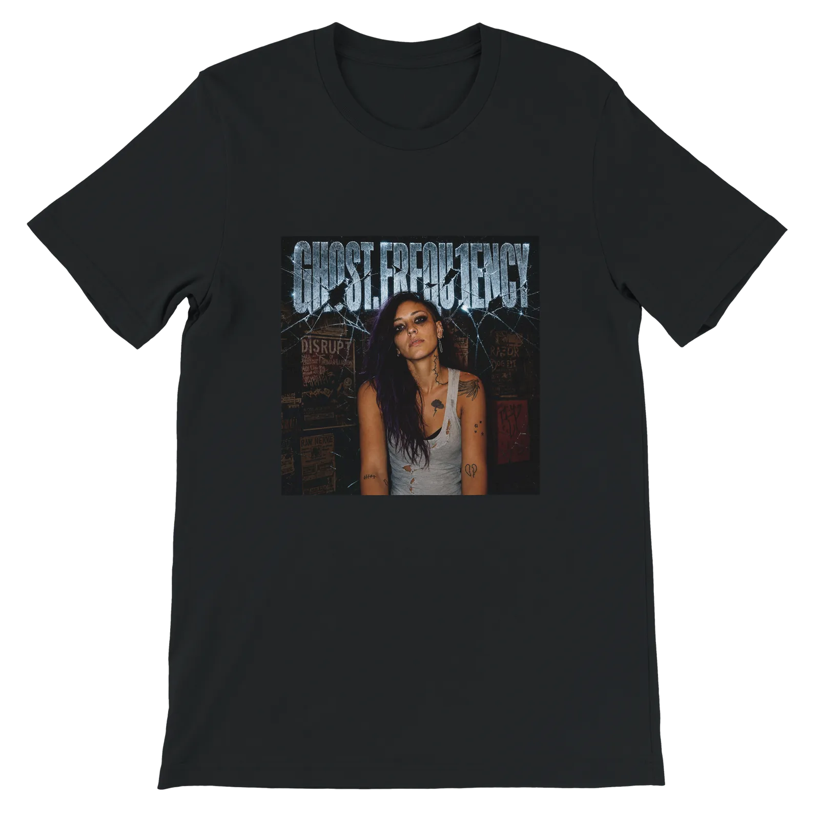 Black GHOST.FREQU1ENCY T-shirt with the album artwork