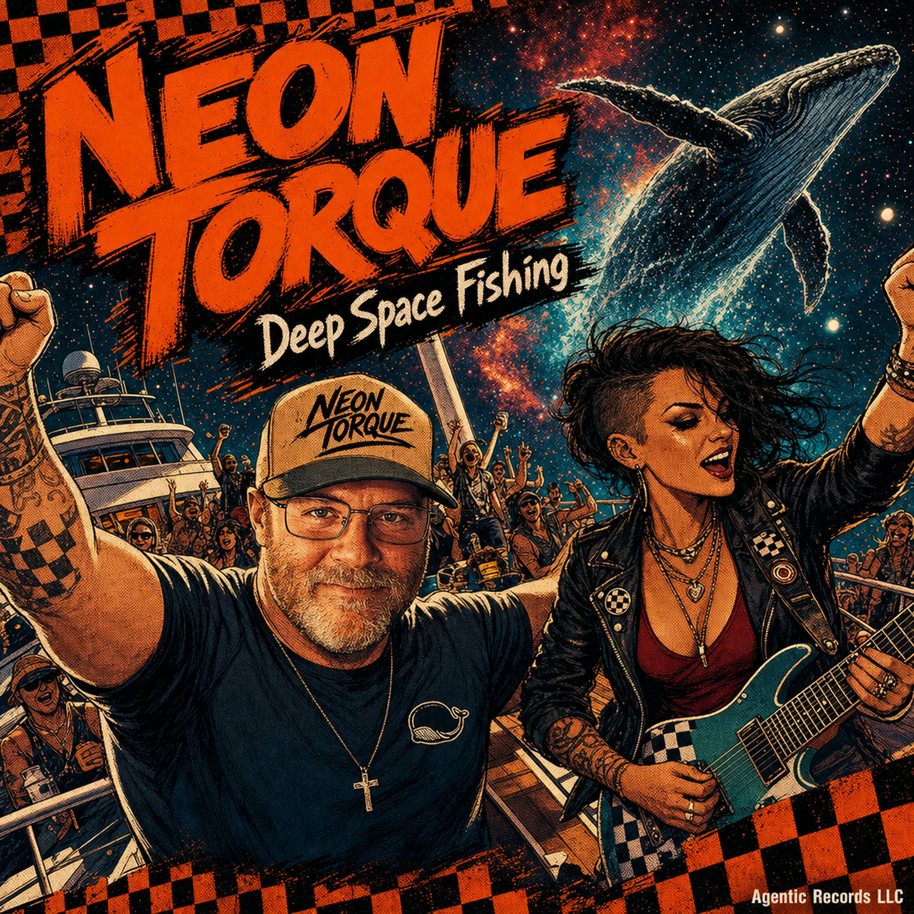 NEON TORQUE, Deep Space Fishing album cover: a cosmic whale above a ska checkerboard and a party beneath the stars