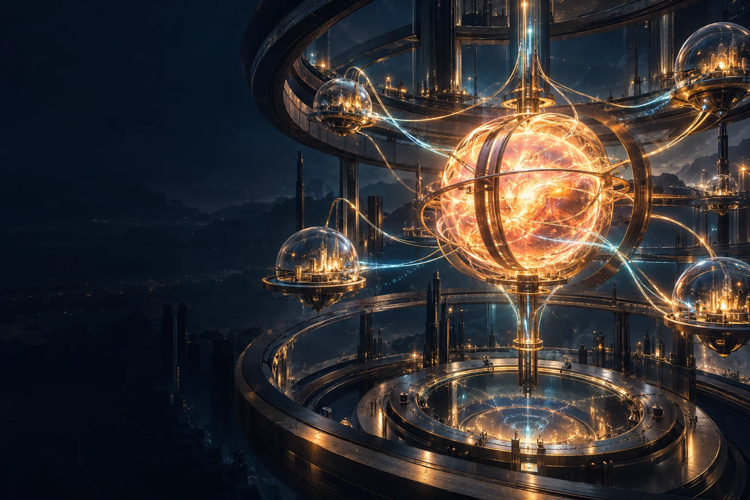 Concept art of a radiant amber core and a constellation of smaller modules.