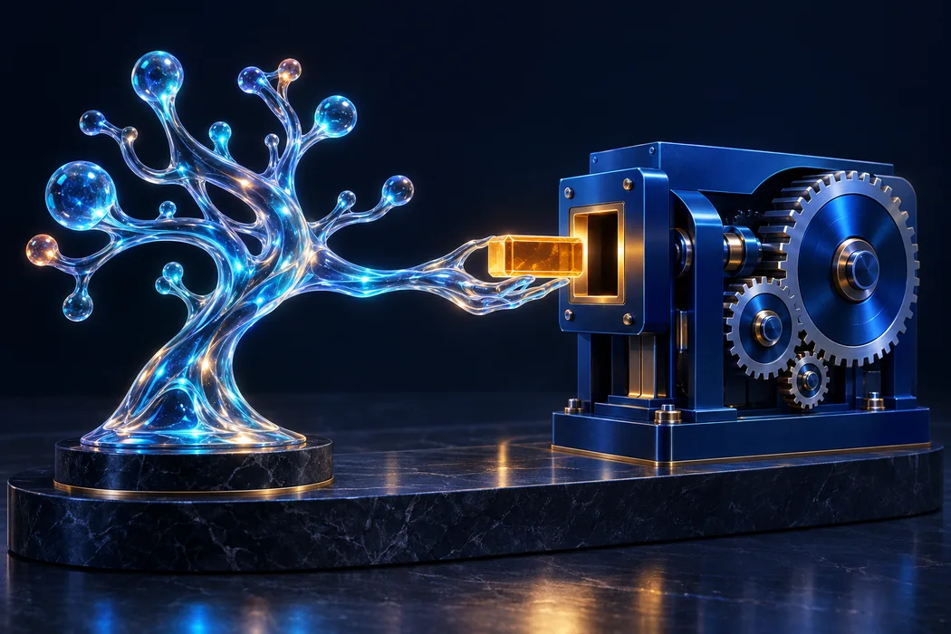 A branching blue glass form passes a golden object into a precise mechanical system.