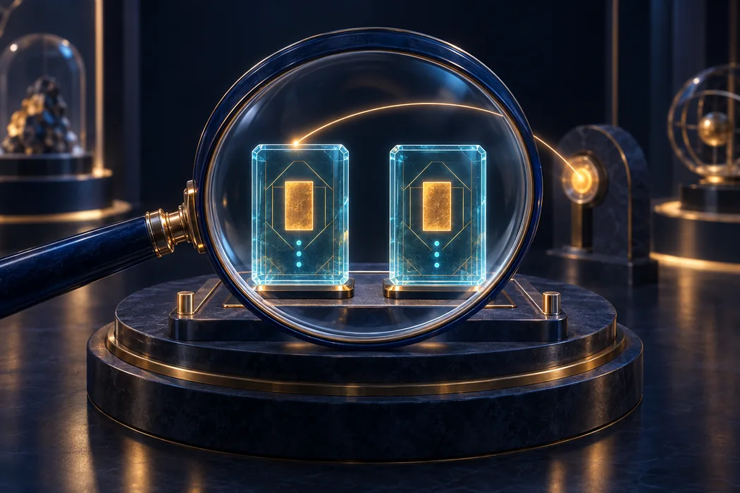 A magnifying glass compares two matching golden objects held in glass displays.