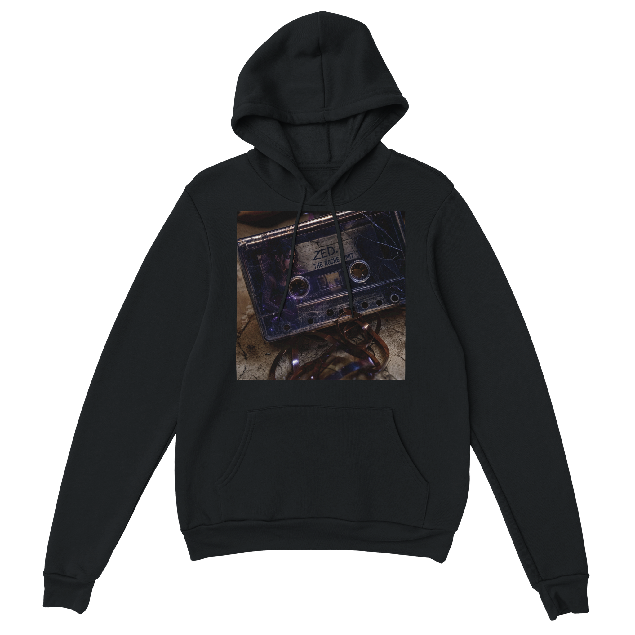 Black ZED. pullover hoodie with the cassette album cover