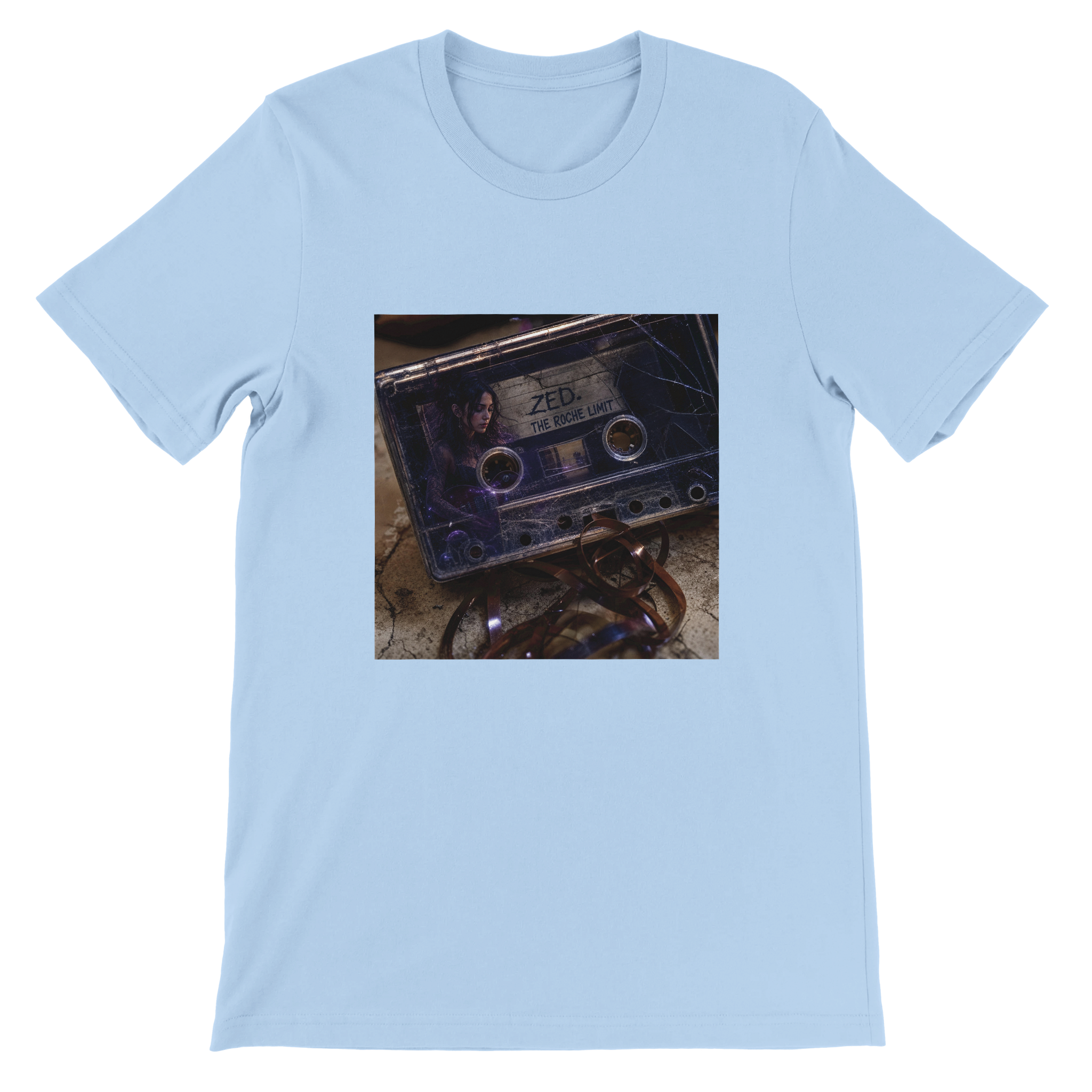 ZED cassette album cover on a light blue T-shirt