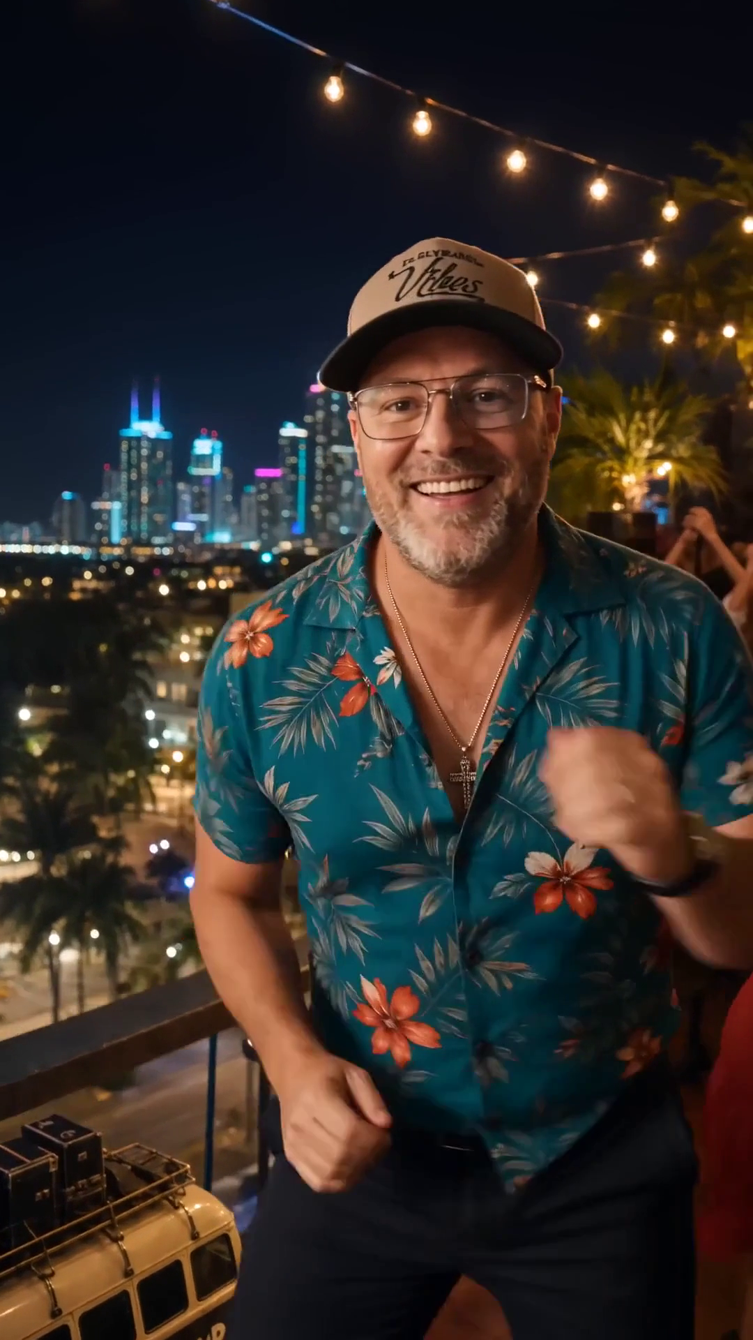 Danny’s likeness dances beneath rooftop string lights against an imagined nighttime skyline.