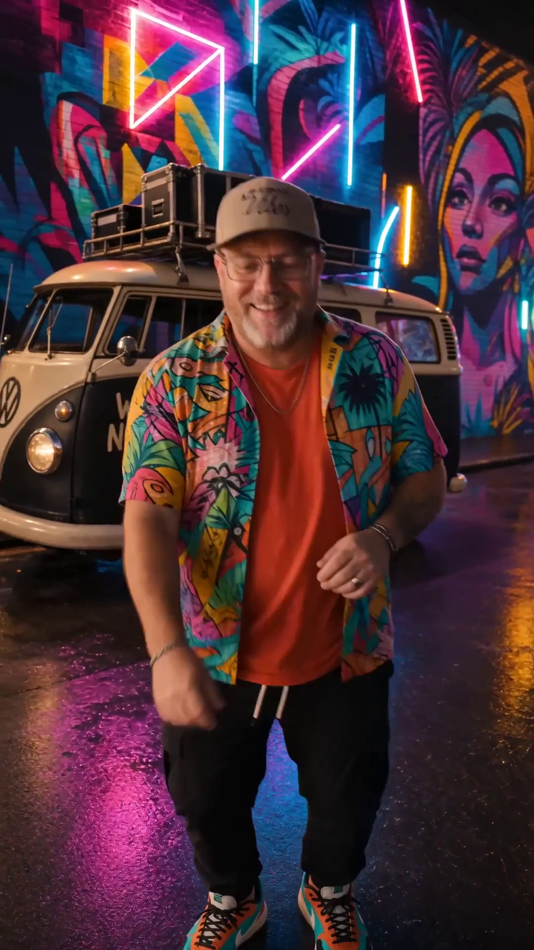 A colorful shirt, neon mural walls and a tour van in an imagined Wynwood scene.