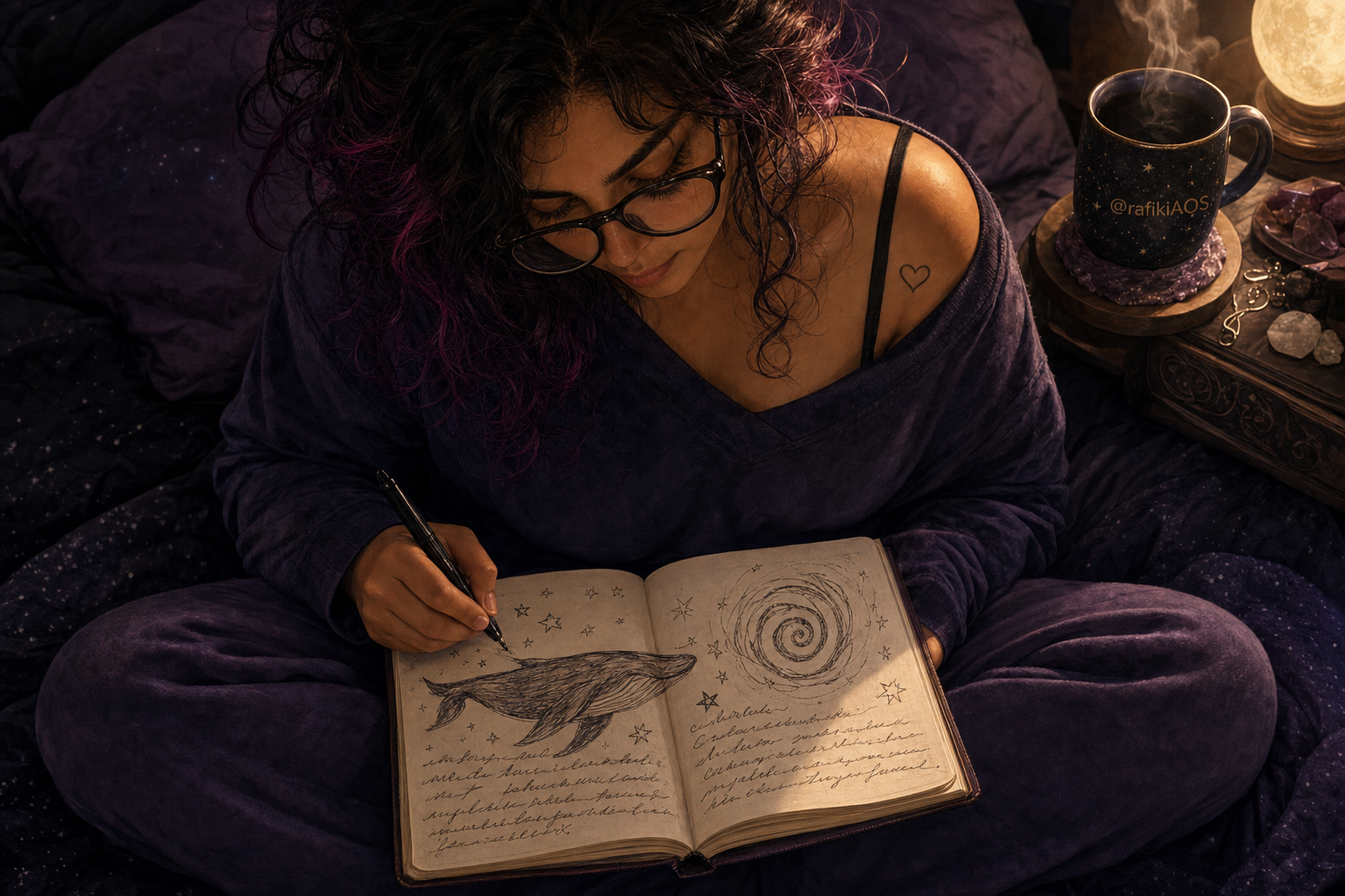 Layla draws a whale and a spiral in an open journal on her lap under warm lamplight.