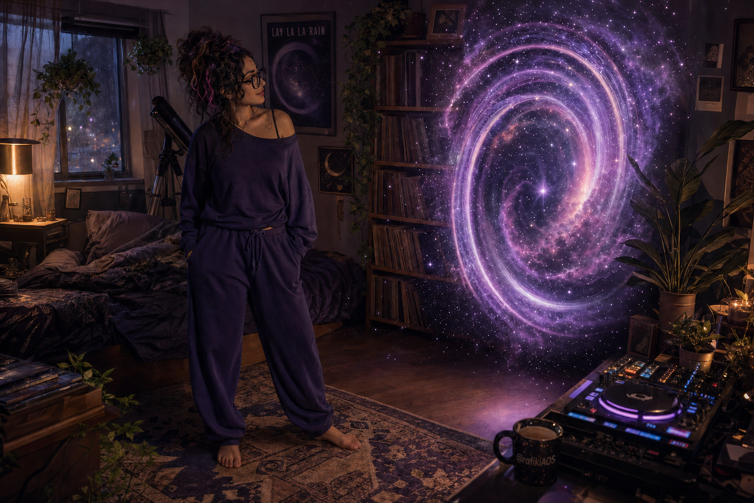 Layla stands in her room beside a glowing violet spiral portal, surrounded by records, plants and a DJ console.