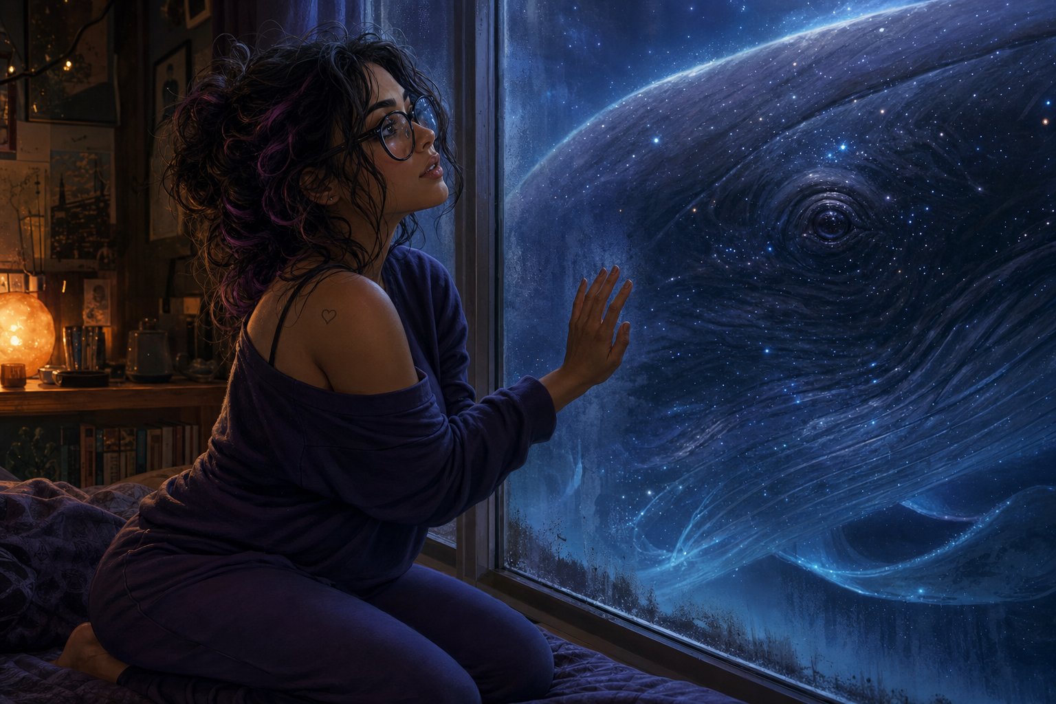 Layla touches her bedroom window beside the enormous, star-speckled eye of a whale.