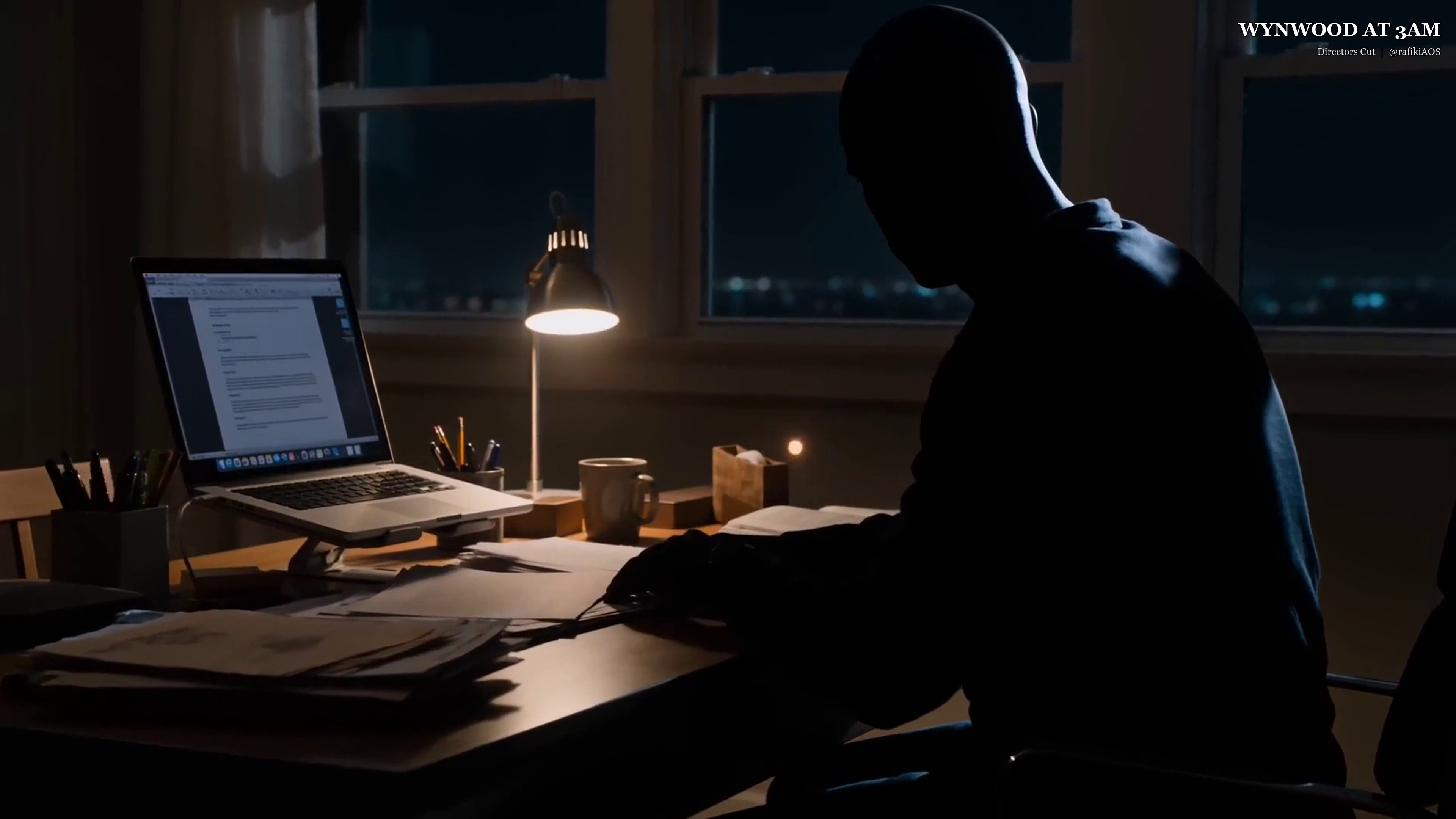 The Architect sits in silhouette at a lamp-lit desk after dark.
