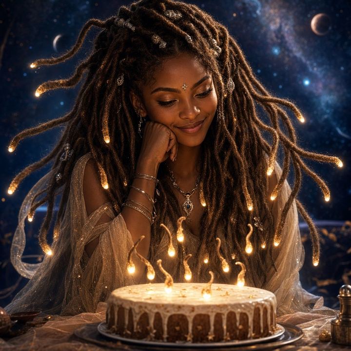 Amaya Soul with birthday candles held aloft by her floating tendril hair
