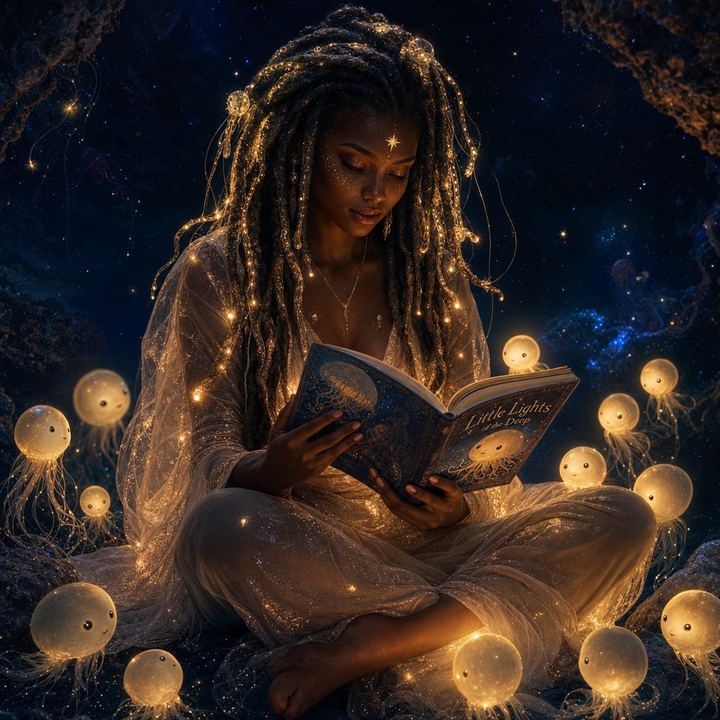 Amaya Soul reading a lullaby from a book in a quiet solo moment