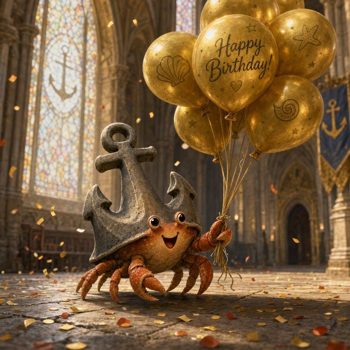 A solo anchor-crab character surrounded by birthday balloons