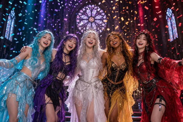 The full AURA/5 lineup posed together inside the Cathedral of Dreams