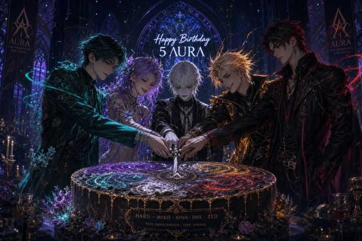 All five AURA/5 members cutting a birthday cake together