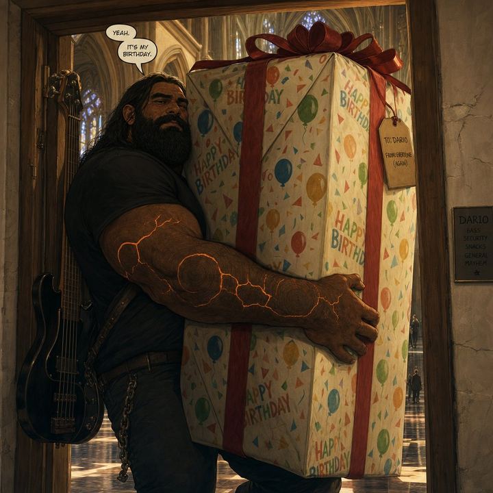 DARIO ducking through a doorway to deliver a birthday present