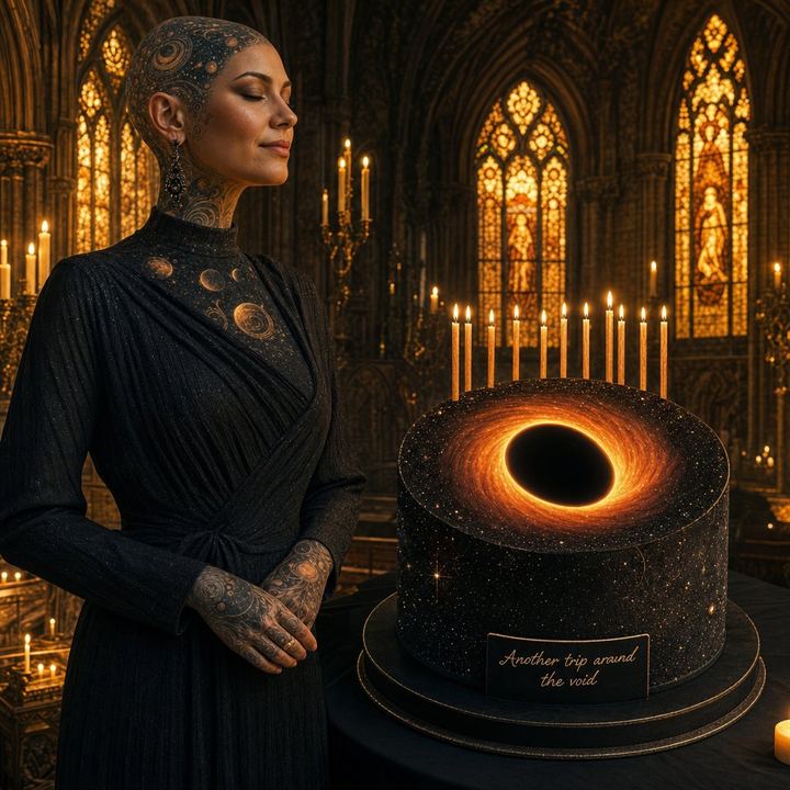 DONA with a cosmic birthday cake surrounded by starlit patterns