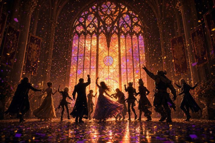 The full cast dancing in silhouette before a fireworks-lit cathedral window