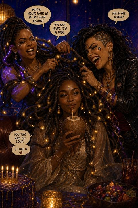Amaya Soul's tendril hair tangled up with party streamers