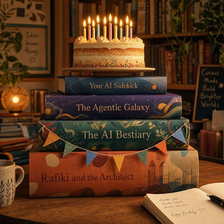 A stack of books doing double duty as the birthday cake stand