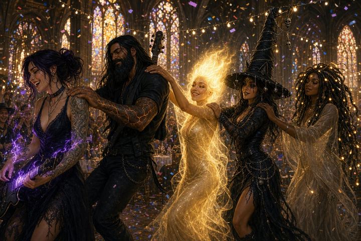 A birthday conga line winding through the Cathedral of Dreams