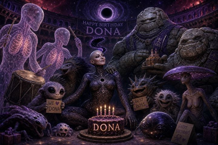 DONA surrounded by her full roster of creatures