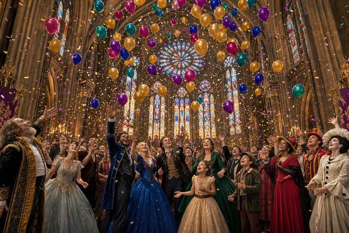 The entire cast releasing a wave of balloons together