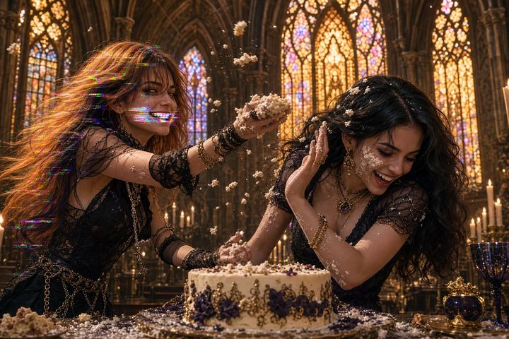 MIKO and JINX caught in a birthday cake-frosting fight