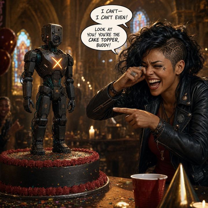 XYLO perched on top of the birthday cake like a cake topper