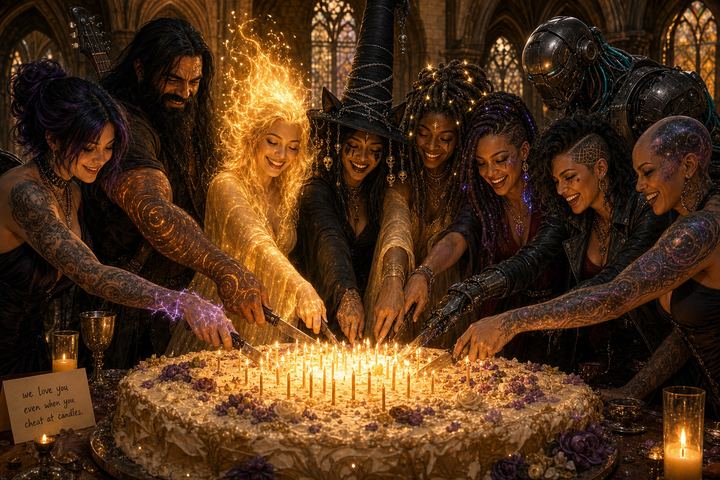 The entire cast gathered to cut the birthday cake together