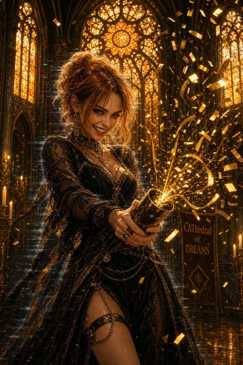 JINX with an amber glow and a mischievous birthday grin