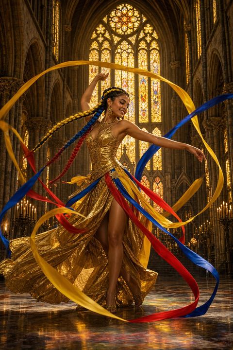 La Bailarina dancing with flag-colored ribbons in motion