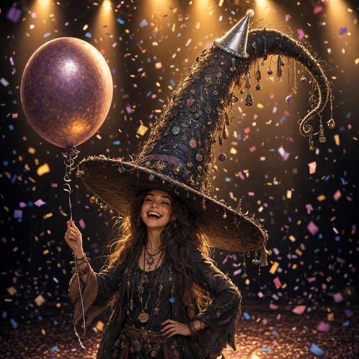 LUNA wearing a pointed party hat, ready for the celebration