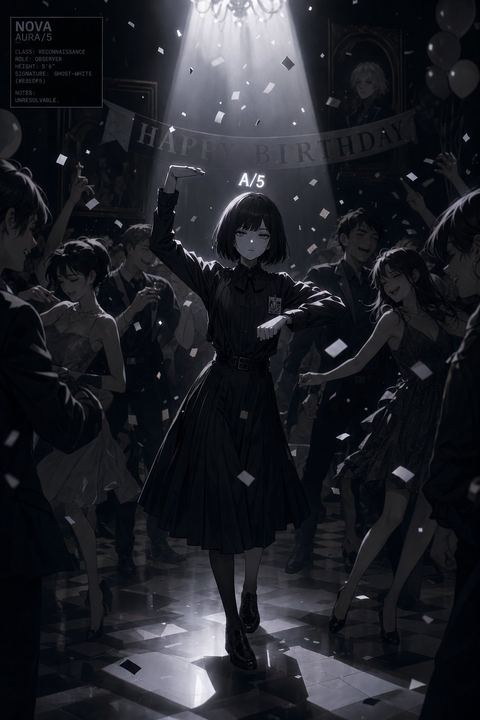 NOVA mid-turn in an elegant black dress at the cathedral party