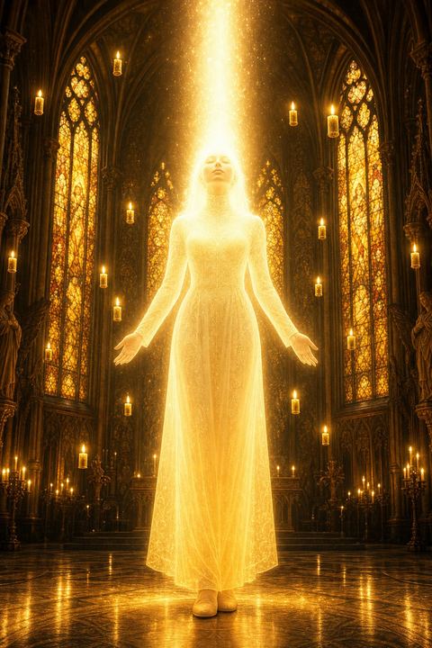 SERA glowing from within, her crown-light ascending gradient on full display
