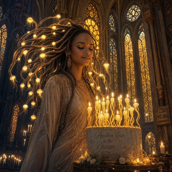 Amaya Soul with birthday candles woven through her tendril hair