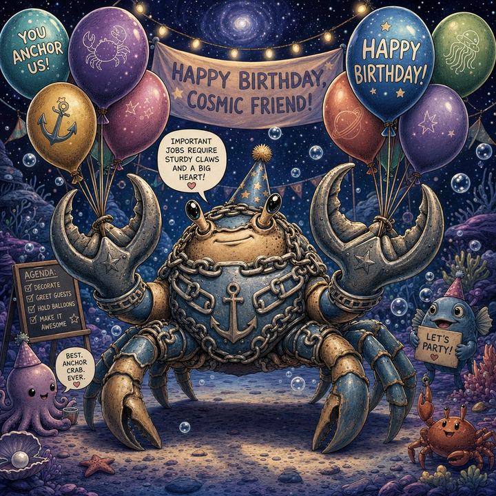 The Anchor Crab holding a bundle of birthday balloons