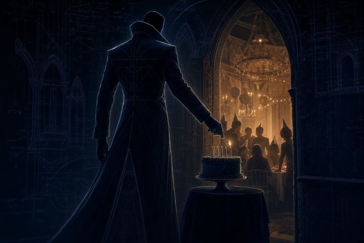 The Architect, in silhouette, lighting the birthday candles