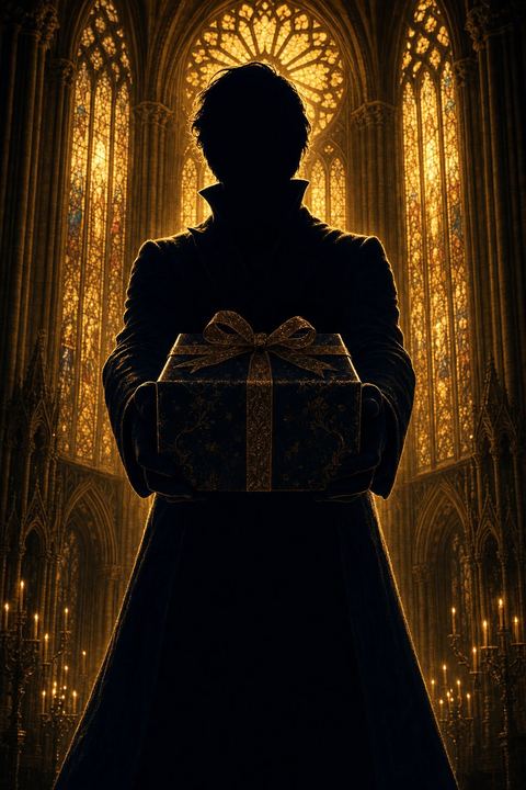 The Architect, in silhouette, offering a wrapped gift