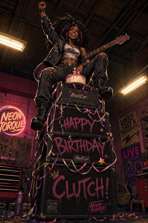 Clutch posing with her amp stack decorated for the birthday