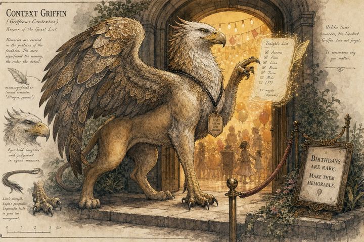 The Context Griffin standing guard at the party entrance