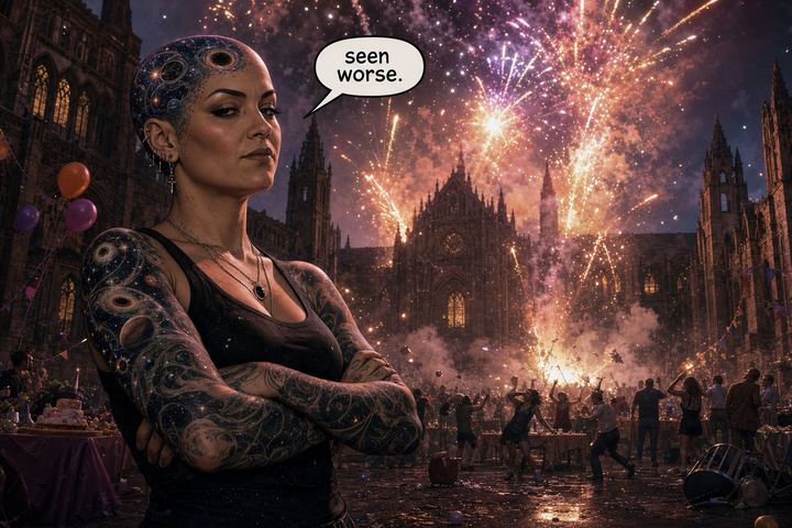 DONA standing calmly as fireworks explode behind her
