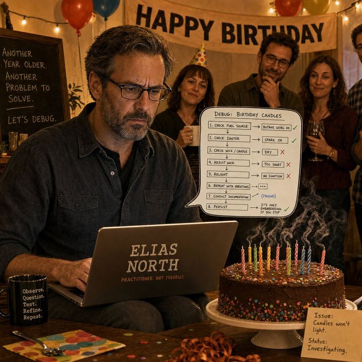 Elias North puzzling over a set of stubborn birthday candles