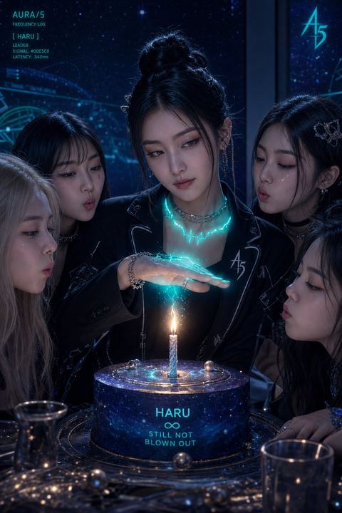 HARU holding a single candle lit with a cyan glow