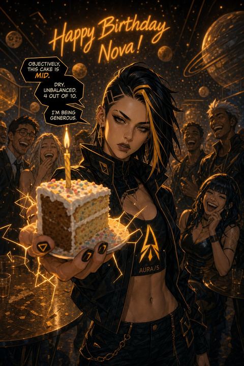 JINX delivering a playful roast in front of the birthday cake